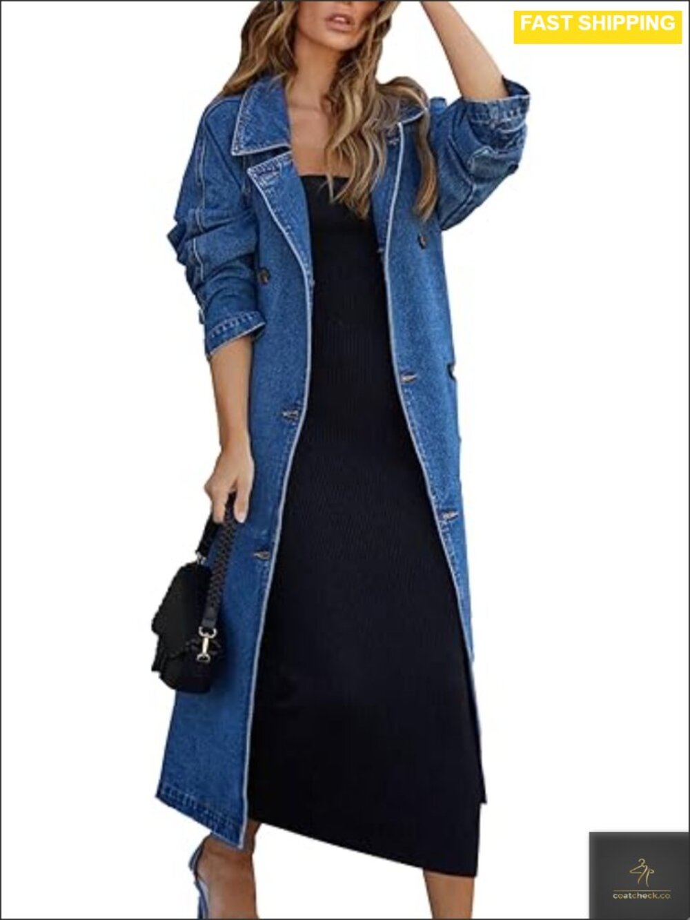 Notched Collar Double Breasted Denim Trench Coat with Belt Loose Oversized